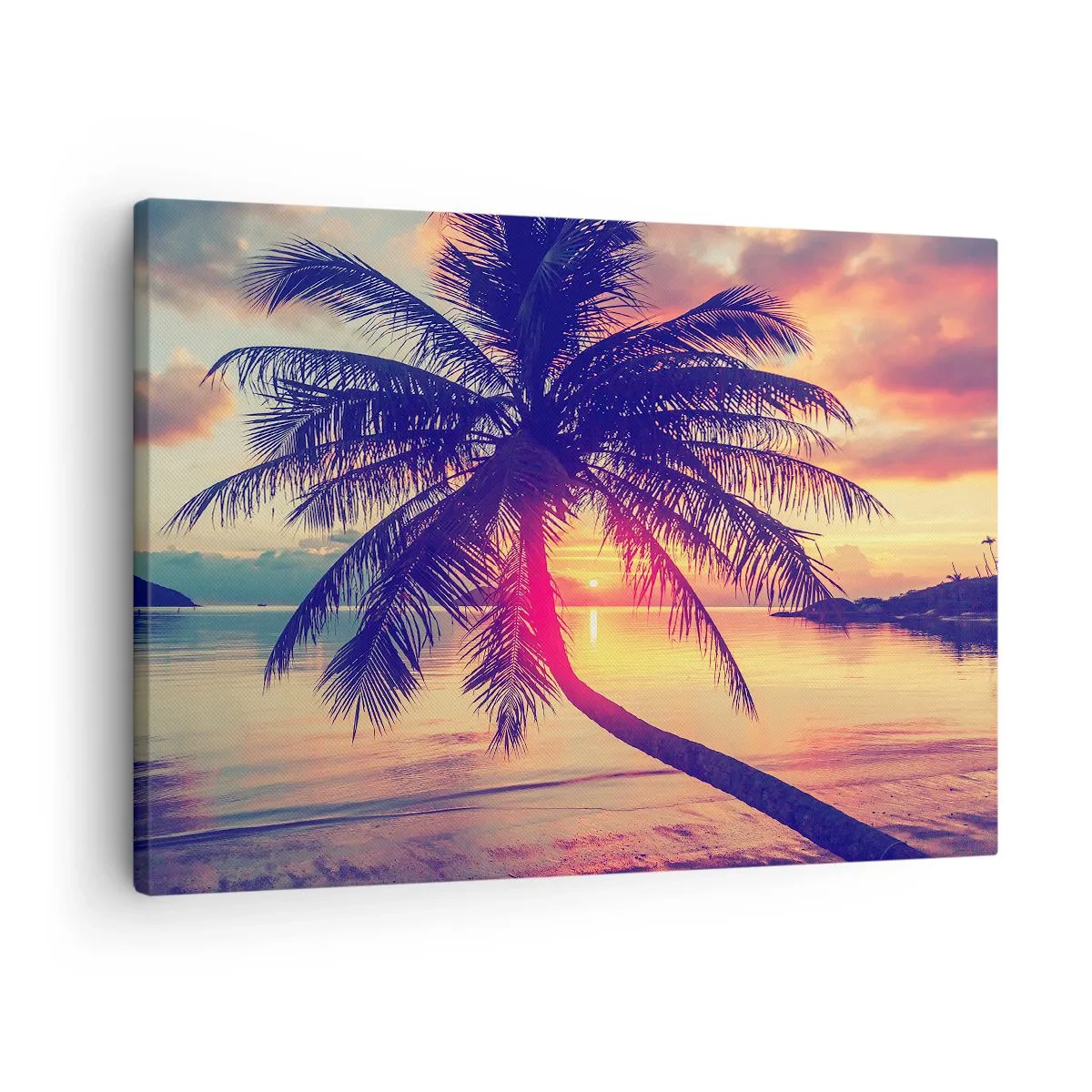 Tablou pe pânză Canvas - Apus de soare cu un palmier peste un țărm liniștit - 70x50cm - O seară sub palmieri - Decorațiune modernă pentru perete pentru living și dormitor ARTTOR