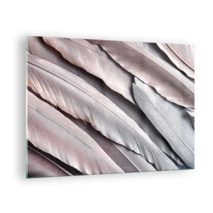 Tablou pe sticlă - Prim-plan cu pene pastelate în nuanțe de roz și argintiu - 70x50cm - Argintul roz - Decorațiune modernă pentru perete pentru living și dormitor ARTTOR