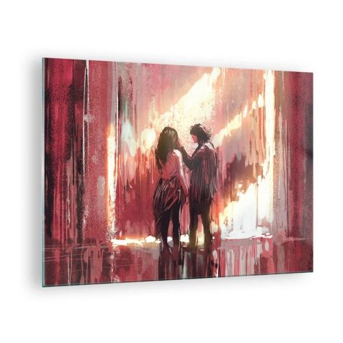 Tablou pe sticlă - Un cuplu în lumina caldă a unui decor abstract - 70x50cm - Spectacolul etern al iubirii - Decorațiune modernă pentru perete pentru living și dormitor ARTTOR