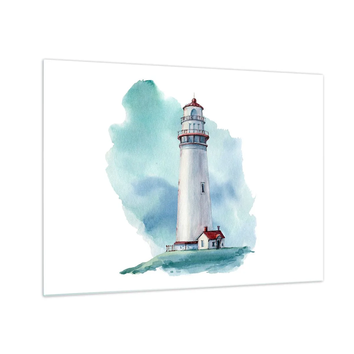 Tablou pe sticlă - Un far pe fundalul unui cer albastru în acuarelă - 70x50cm - Sora blândă a albastrului - Decorațiune modernă pentru perete pentru living și dormitor ARTTOR