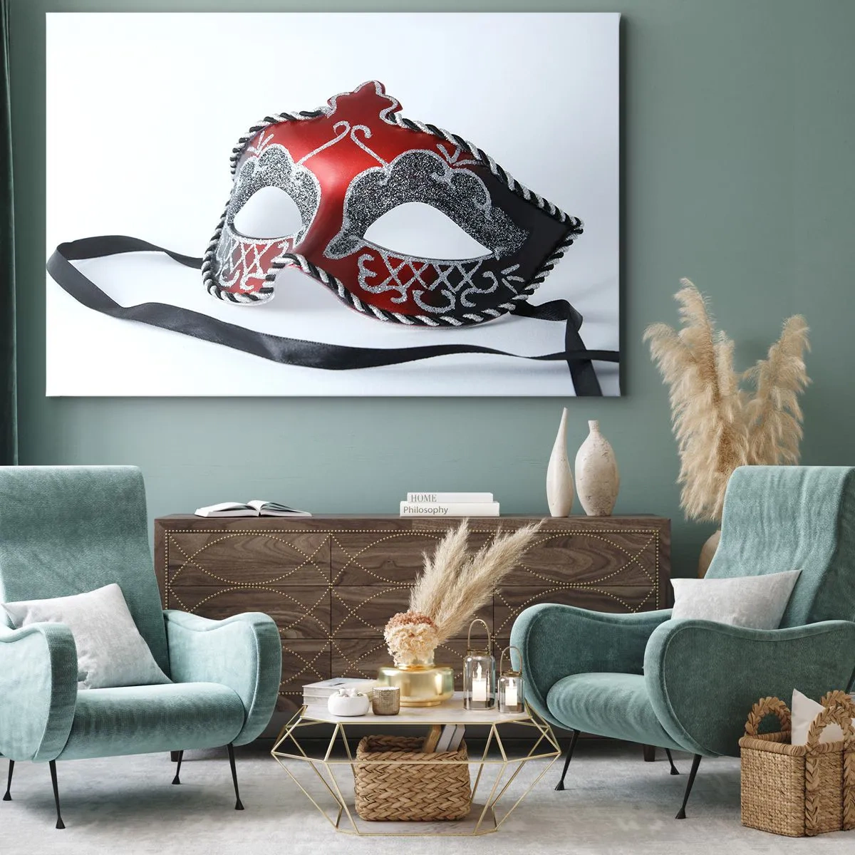 Tablou pe pânză Canvas - Mască de carnaval roșie pe fundal deschis - 70x50cm - Invitație la bal - Decorațiune modernă pentru perete pentru living și dormitor ARTTOR