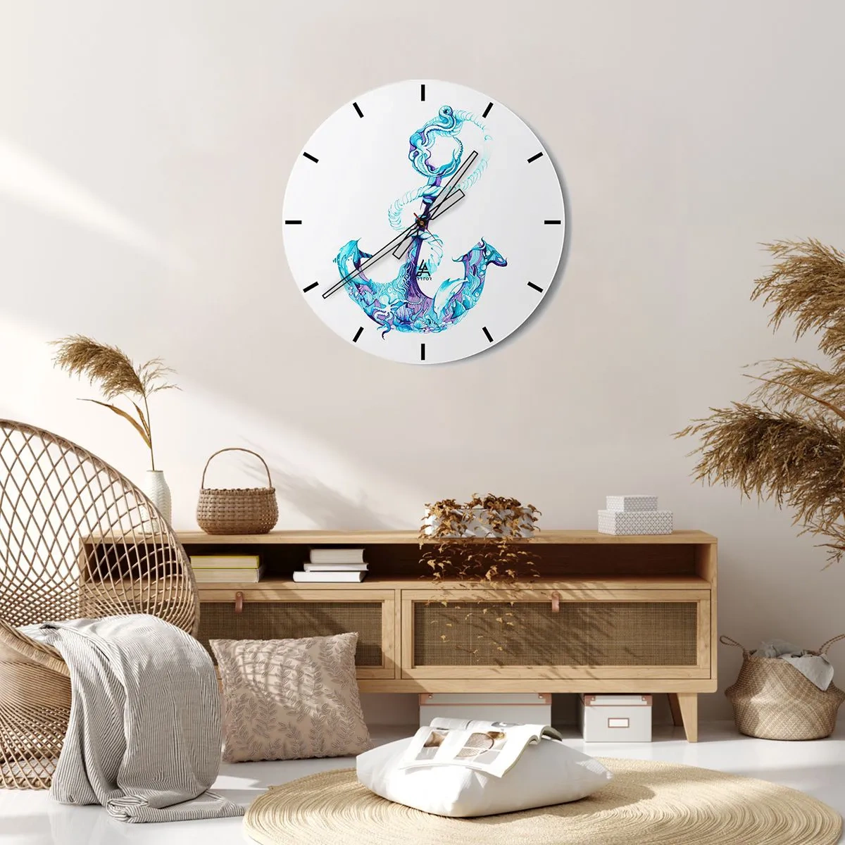 Ceas de perete - Ceas pe sticlă - Desen al unei ancore în culori nautice cu modele delicate - 30x30cm - Confidenta secretelor mării - Decorațiune modernă pentru perete pentru living, bucătărie și dormitor ARTTOR