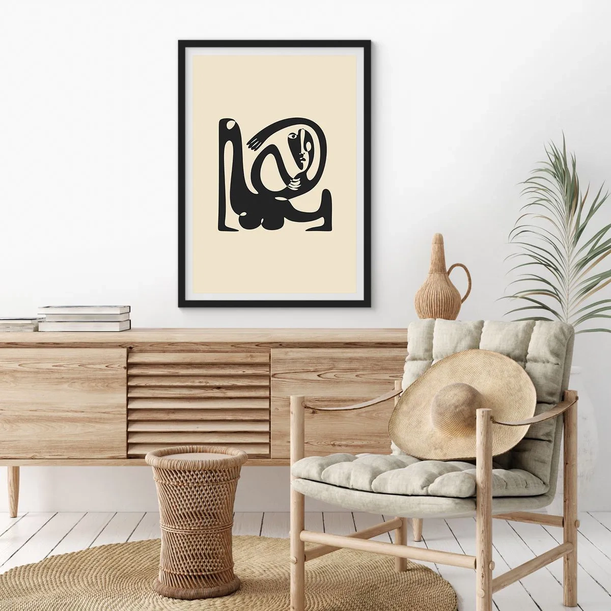 Poster în ramă neagră - Figură abstractă pe un fundal bej cu linii negre - 50x70cm - Aproape Picasso - Decorațiune modernă pentru perete pentru living și dormitor ARTTOR