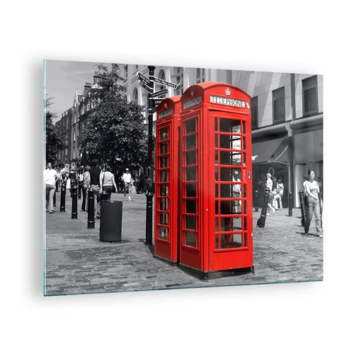 Tablou pe sticlă - Cabine telefonice roșii pe o stradă din Londra - 70x50cm - Cabine telefonice roșii - Decorațiune modernă pentru perete pentru living și dormitor ARTTOR