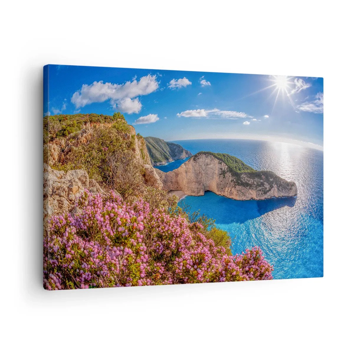 Tablou pe pânză Canvas - O stâncă cu flori, o mare turcoaz și un peisaj grecesc însorit - 70x50cm - Marea mea vacanță grecească - Decorațiune modernă pentru perete pentru living și dormitor ARTTOR
