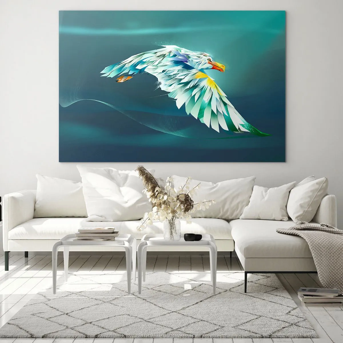Tablou pe sticlă - O imagine abstractă a unui vultur în nuanțe de albastru și alb pe un fundal de valuri. - 70x50cm - Puterea vulturului în zbor - Decorațiune modernă pentru perete pentru living și dormitor ARTTOR
