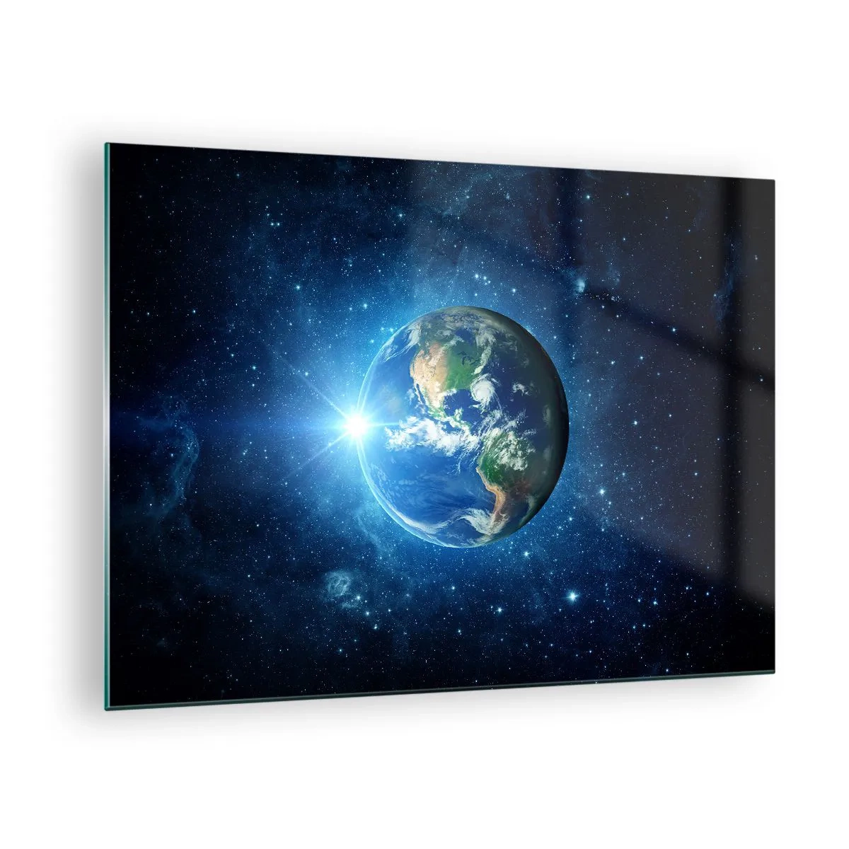 Tablou pe sticlă - Pământul văzut din spațiu cu raze de lumină - 70x50cm - Suntem în ceruri - Decorațiune modernă pentru perete pentru living și dormitor ARTTOR