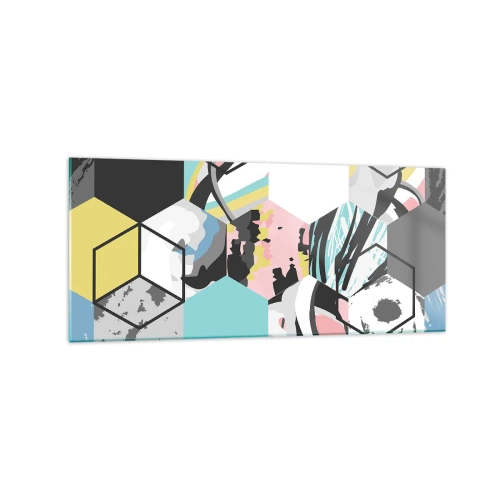 Tablou pe sticlă - Hexagoane și cuburi în șase culori - 120x50 cm
