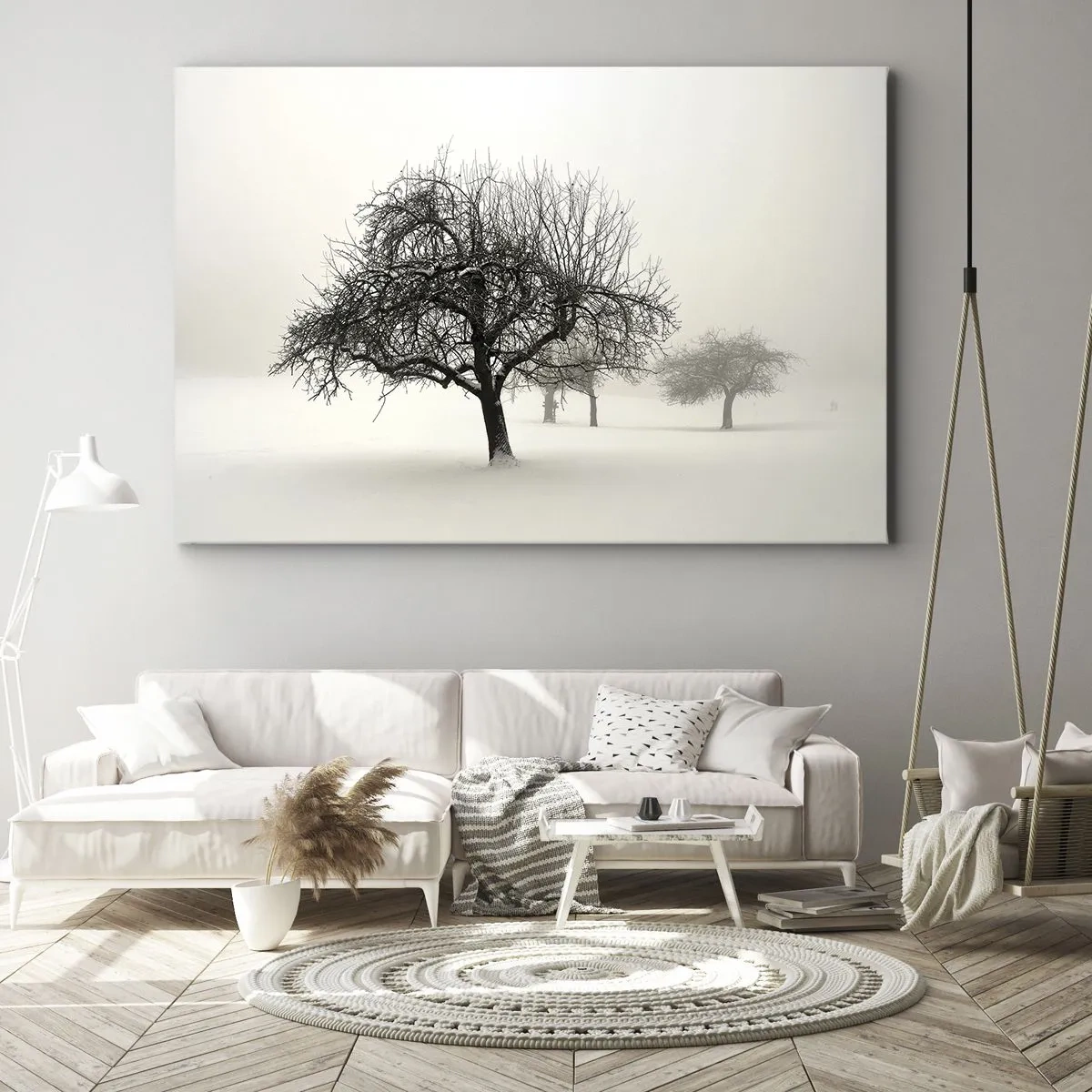 Tablou pe pânză Canvas - Copaci într-un câmp acoperit de zăpadă, înconjurat de ceață - 70x50cm - Hibernare - Decorațiune modernă pentru perete pentru living și dormitor ARTTOR