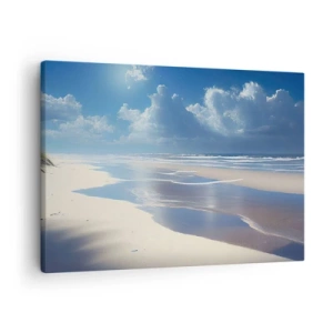 Tablou pe pânză Canvas - O plajă nisipoasă cu valuri sub un cer albastru - 70x50cm - Vacanță în paradis - Decorațiune modernă pentru perete pentru living și dormitor ARTTOR