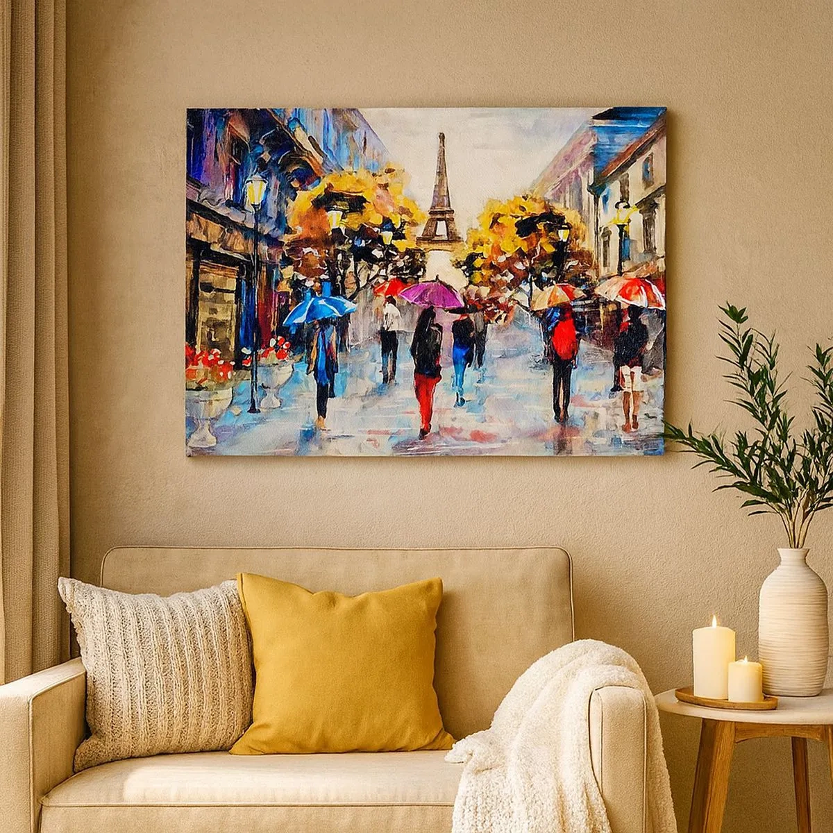 Tablou pe pânză Canvas - O plimbare de toamnă prin Paris cu vedere la Turnul Eiffel - 70x50cm - Deosebit de frumos în toamnă - Decorațiune modernă pentru perete pentru living și dormitor ARTTOR