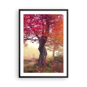 Poster în ramă neagră - Un copac cu frunze roșii într-un peisaj de toamnă - 50x70cm - O frenezie de înflorire - Decorațiune modernă pentru perete pentru living și dormitor ARTTOR