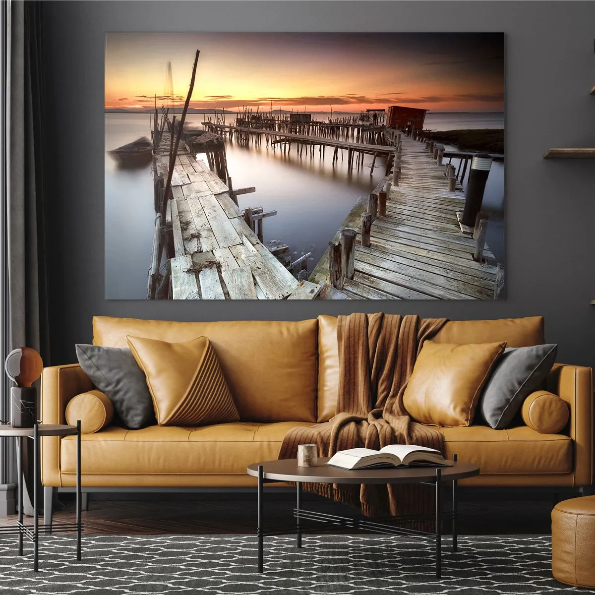 Tablou pe sticlă - Debarcader din lemn la apus peste un lac liniștit - 70x50cm - Autentic, nu o atracție turistică - Decorațiune modernă pentru perete pentru living și dormitor ARTTOR