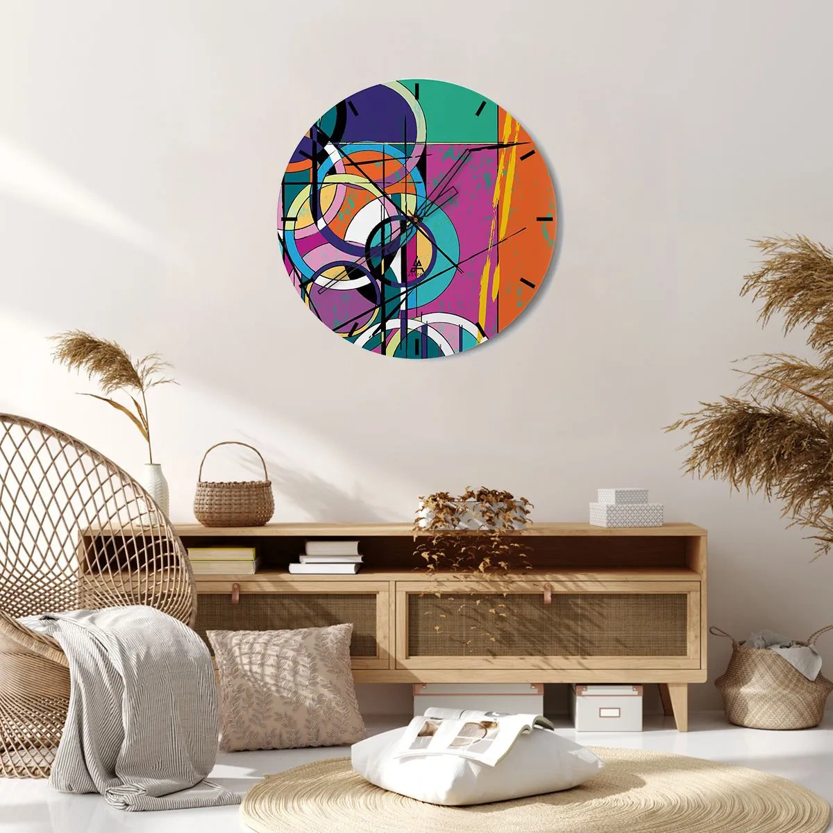 Ceas de perete - Ceas pe sticlă - Un cadran de ceas cu un motiv geometric abstract, în culori vii. - 30x30cm - Roată cu roată - Decorațiune modernă pentru perete pentru living, bucătărie și dormitor ARTTOR