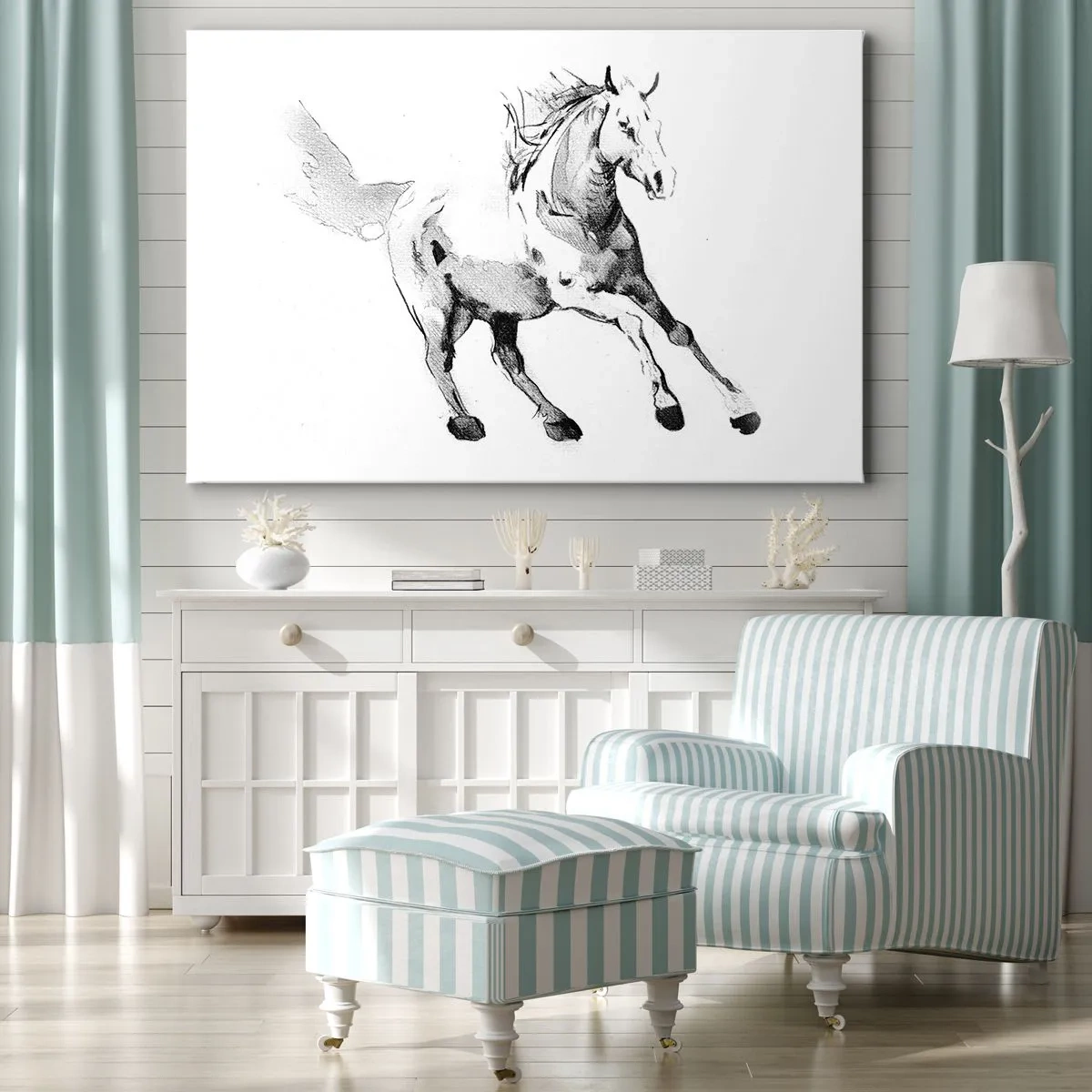 Tablou pe pânză Canvas - Schiță a unui cal în galop în nuanțe de alb și negru - 70x50cm - Suflet neîmblânzit - Decorațiune modernă pentru perete pentru living și dormitor ARTTOR