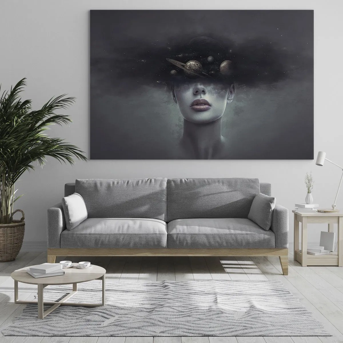 Tablou pe sticlă - O femeie cu planete în loc de cap într-o compoziție suprarealistă - 70x50cm - Și planetele o iau razna... - Decorațiune modernă pentru perete pentru living și dormitor ARTTOR