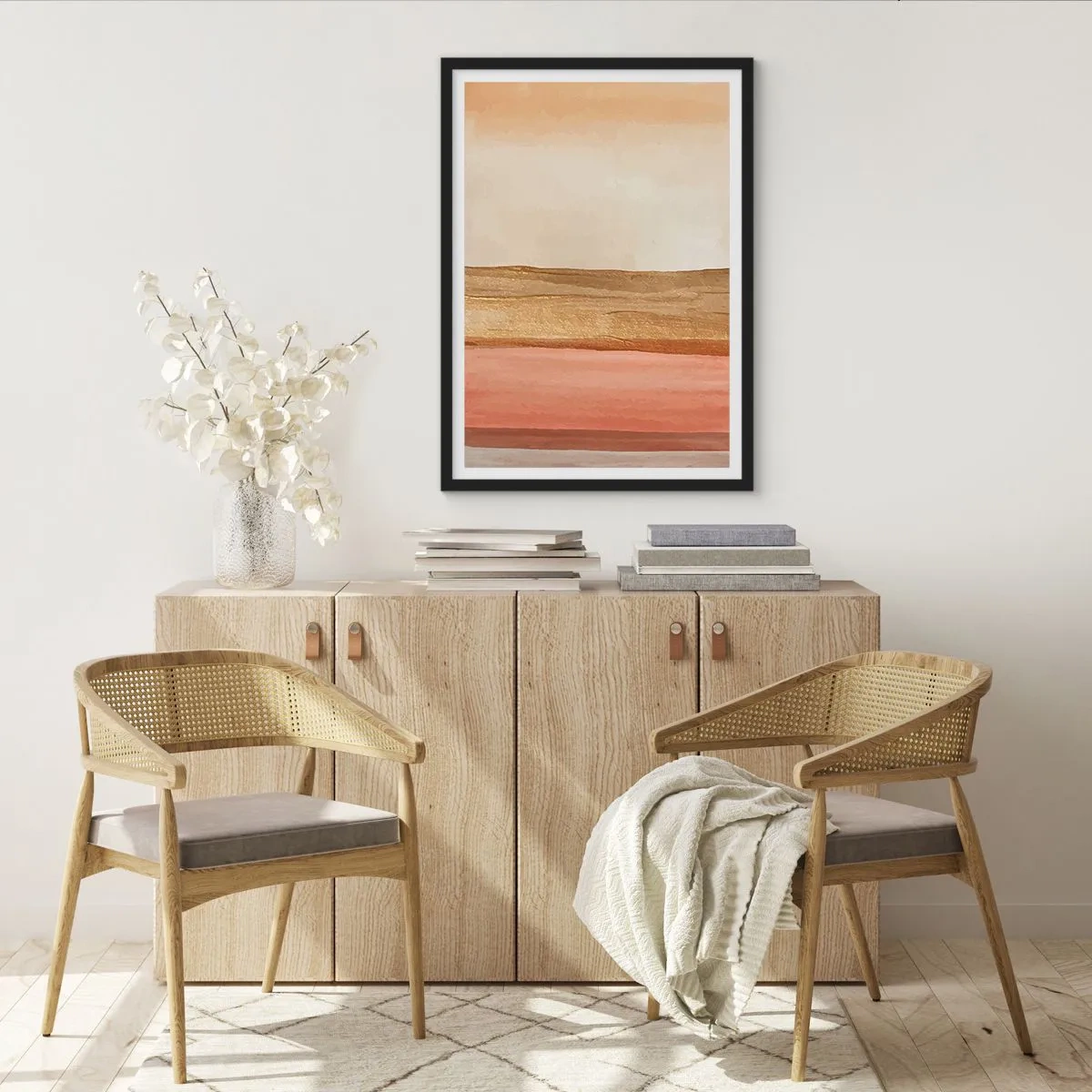 Poster în ramă neagră - O compoziție abstractă în nuanțe calde de bej și roz. - 50x70cm - Compoziție verticală - Decorațiune modernă pentru perete pentru living și dormitor ARTTOR