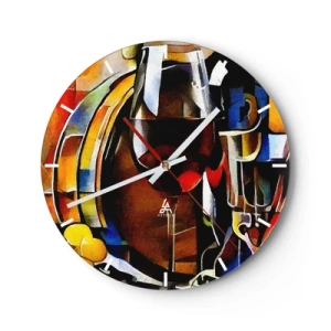 Ceas de perete - Ceas pe sticlă - Natură statică abstractă cu pahare și o sticlă în culori intense. - 30x30cm - Și lumea devine mai colorată - Decorațiune modernă pentru perete pentru living, bucătărie și dormitor ARTTOR