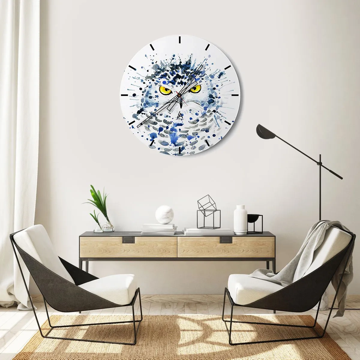 Ceas de perete - Ceas pe sticlă - Bufniță în stil acuarelă cu ochi galbeni intensi - 30x30cm - Direct în ochi - Decorațiune modernă pentru perete pentru living, bucătărie și dormitor ARTTOR