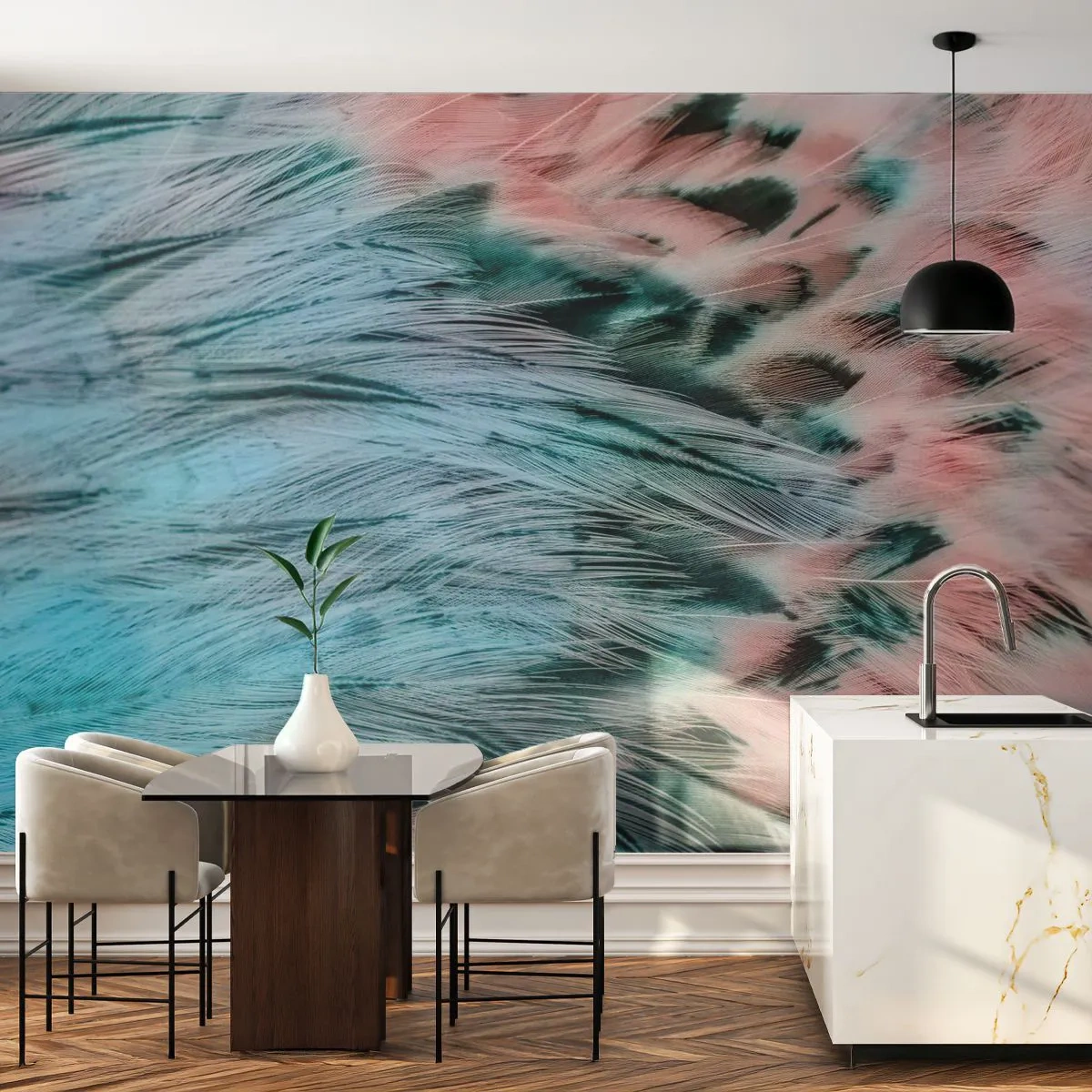 Tapet Premium Canvas - Puful roz și safir - Abstracția, Bucată, Pene de păsări - 300x210 cm