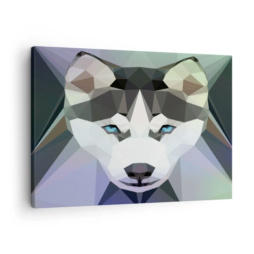 Tablou pe pânză Canvas - Lup geometric cu ochi albaștri expresivi - 70x50cm - O amintire a zăpezilor din nord - Decorațiune modernă pentru perete pentru living și dormitor ARTTOR