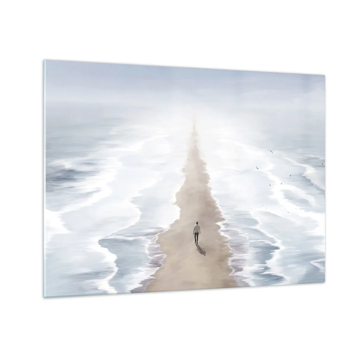 Tablou pe sticlă - O figură mergând singură spre orizont printre valuri - 70x50cm - Un viitor luminos - Decorațiune modernă pentru perete pentru living și dormitor ARTTOR