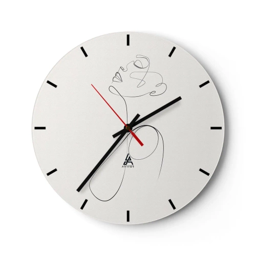 Ceas de perete - Ceas pe sticlă - Un profil feminin realizat cu o linie neagră pe un fundal deschis la culoare - 30x30cm - Încâlcită în vise - Decorațiune modernă pentru perete pentru living, bucătărie și dormitor ARTTOR