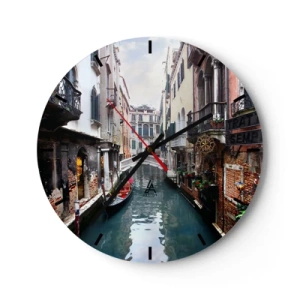 Ceas de perete - Ceas pe sticlă - Un canal venețian cu o gondolă printre casele de locuit - 30x30cm - Peisaj venețian cu gondolă și pod - Decorațiune modernă pentru perete pentru living, bucătărie și dormitor ARTTOR