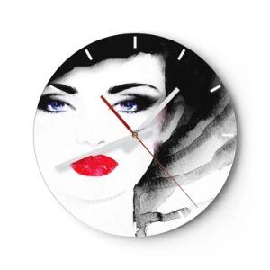 Ceas de perete - Ceas pe sticlă - Portretul unei femei cu buze roșii și ochi albaștri intensi - 30x30cm - Respinge și cheamă - Decorațiune modernă pentru perete pentru living, bucătărie și dormitor ARTTOR
