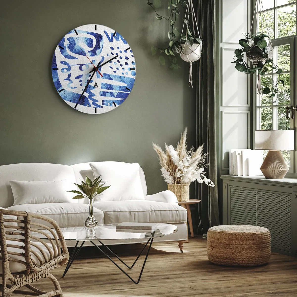 Ceas de perete - Ceas pe sticlă - Modele abstracte albastre pe fundal alb - 30x30cm - Înapoi la rădăcini - Decorațiune modernă pentru perete pentru living, bucătărie și dormitor ARTTOR
