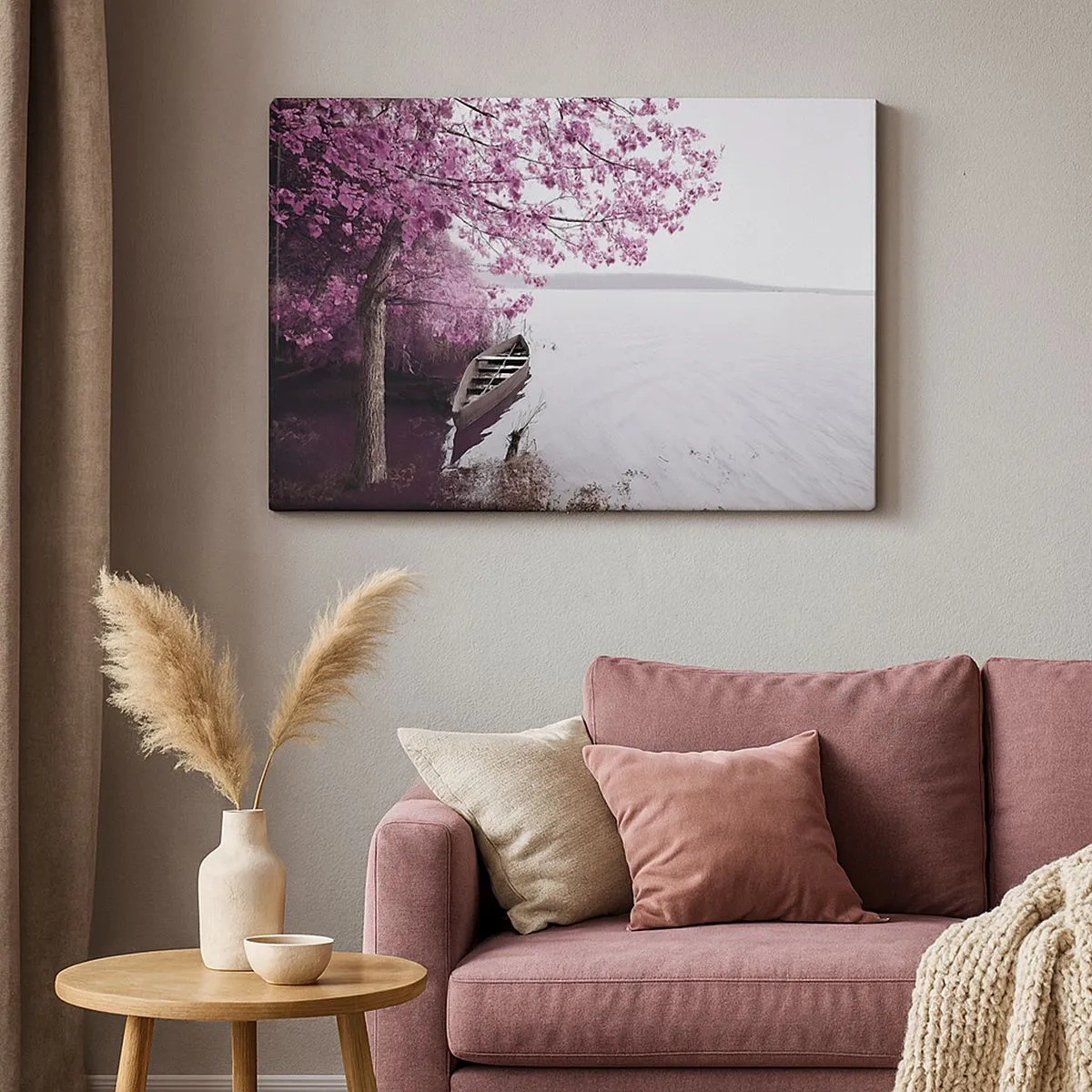 Tablou pe pânză Canvas - O barcă pe malul unui lac printre copaci roz - 70x50cm - În tăcerea roz - Decorațiune modernă pentru perete pentru living și dormitor ARTTOR