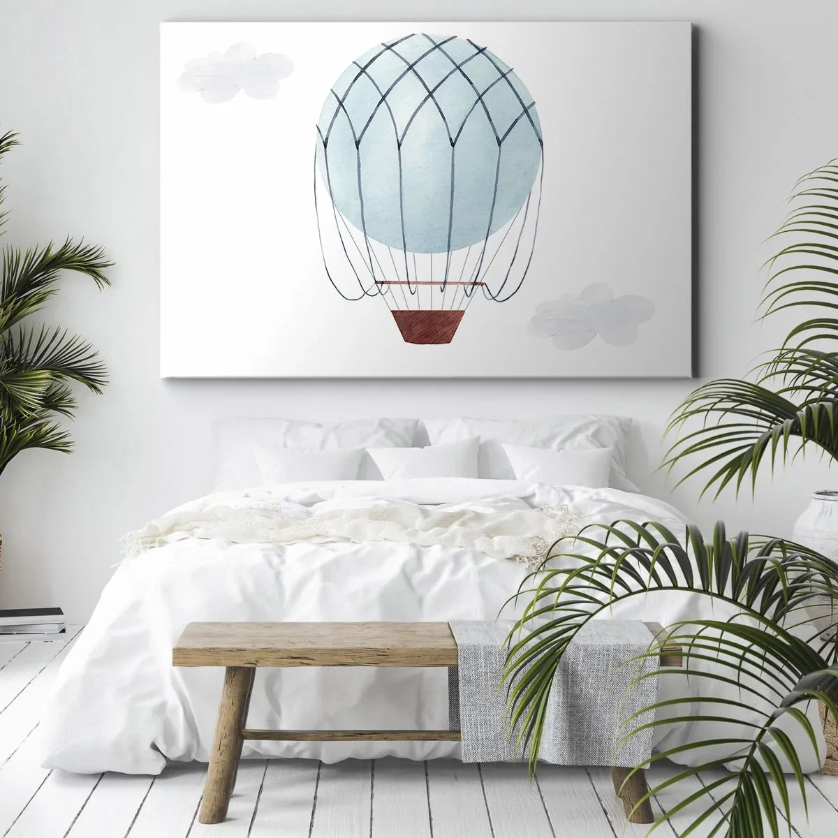 Tablou pe pânză Canvas - Un balon pictat manual pe un fundal de nori delicați. - 70x50cm - Complet în nori - Decorațiune modernă pentru perete pentru living și dormitor ARTTOR
