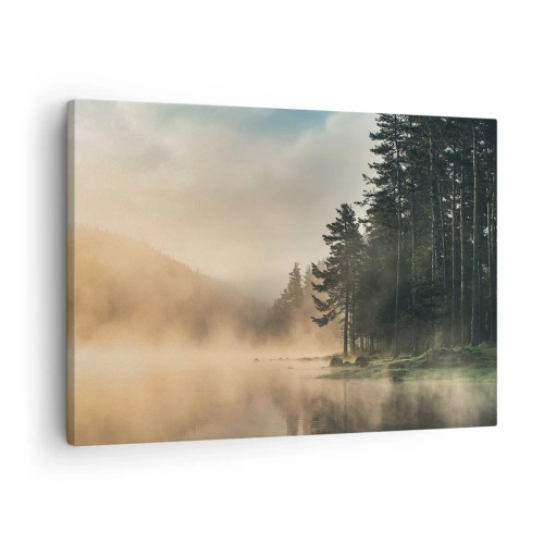 Tablou pe pânză Canvas - O pădure învăluită în ceață peste un lac liniștit - 70x50cm - Nașterea unei zile - Decorațiune modernă pentru perete pentru living și dormitor ARTTOR