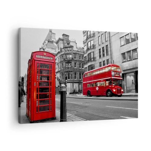Tablou pe pânză Canvas - O cabină telefonică roșie și un autobuz etajat în Londra, cu orașul în fundal - 70x50cm - Cea mai roșie din Europa - Decorațiune modernă pentru perete pentru living și dormitor ARTTOR