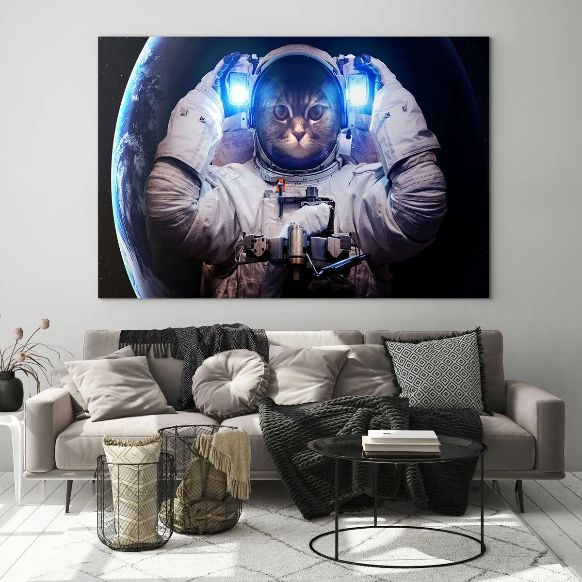 Tablou pe sticlă - Un cosmonaut cu cap de pisică în spațiu - 70x50cm - Houston, aveți o problemă - Decorațiune modernă pentru perete pentru living și dormitor ARTTOR