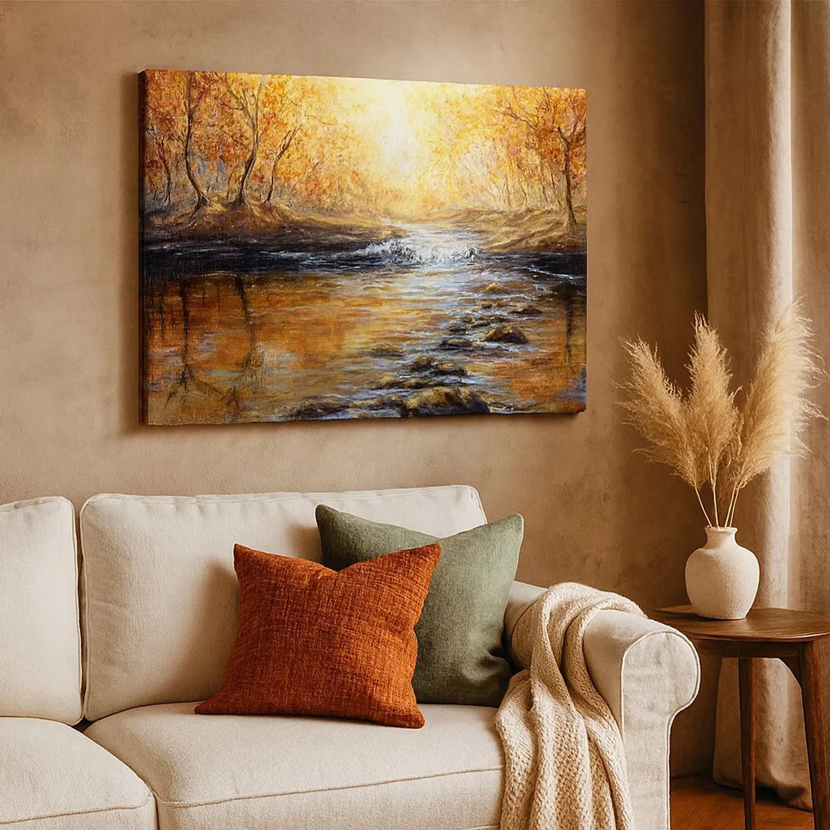Tablou pe pânză Canvas - Peisaj de toamnă cu un râu printre copaci - 70x50cm - Pârâul de aur - Decorațiune modernă pentru perete pentru living și dormitor ARTTOR