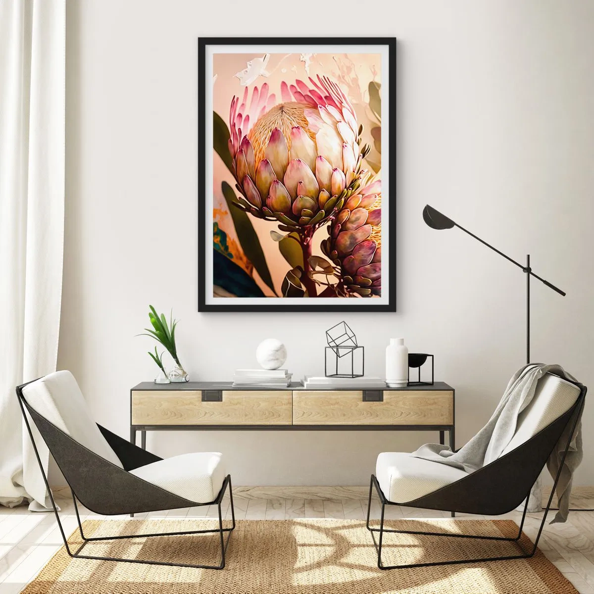 Poster în ramă neagră - Prim-plan al unei flori de protea în culori calde - 50x70cm - Îmbrățișare cu tandrețe - Decorațiune modernă pentru perete pentru living și dormitor ARTTOR