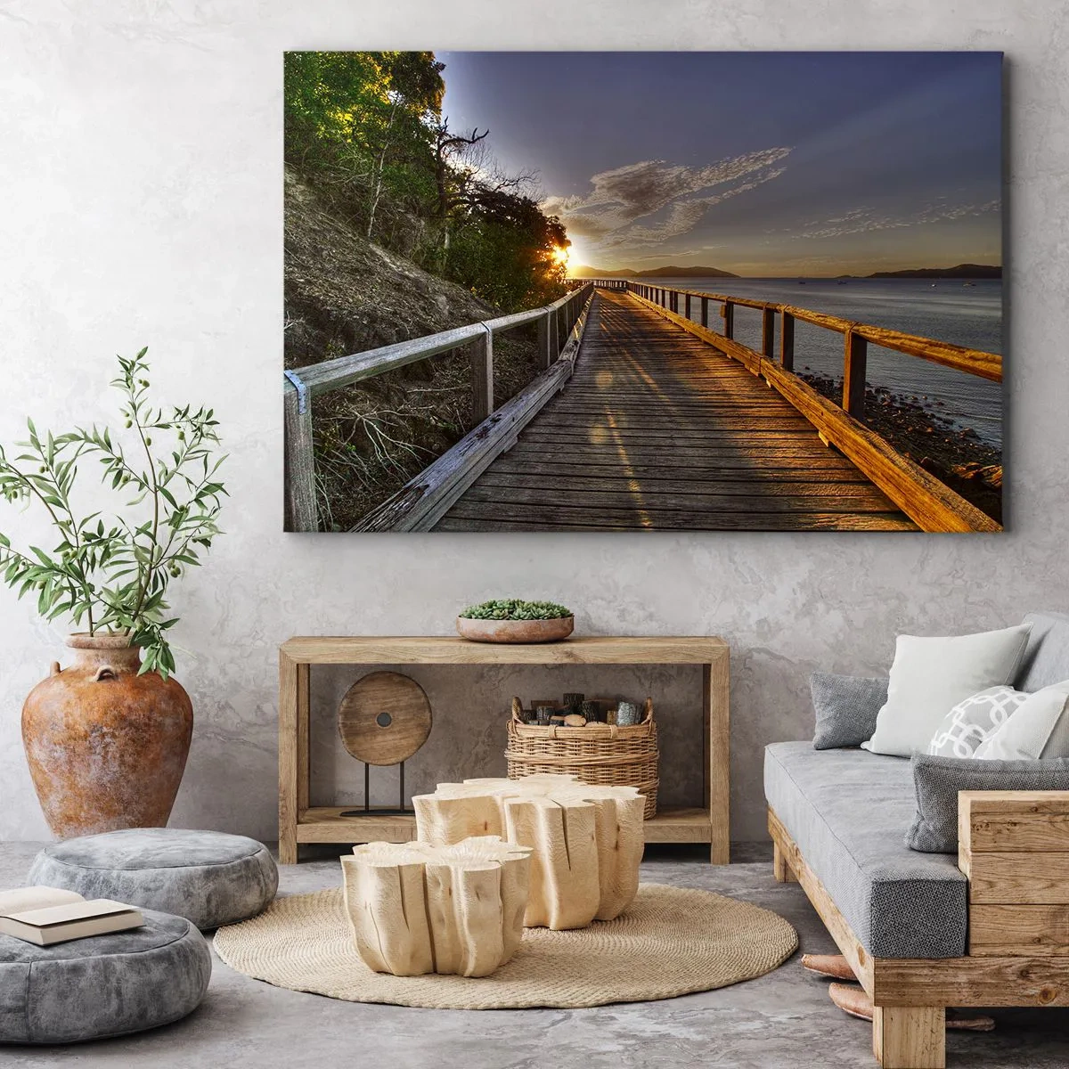 Tablou pe pânză Canvas - Un debarcader din lemn duce spre apusul de soare peste apă - 70x50cm - Să mergem spre soare - Decorațiune modernă pentru perete pentru living și dormitor ARTTOR