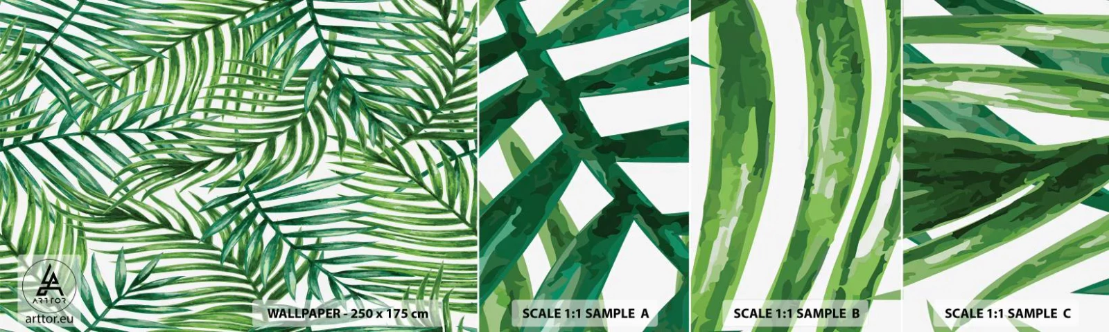 Mostră tapet autocolant Deluxe Sticker - Sub bolta verde - Abstracția, Frunza de palmier, Palmier de nuca de cocos - 100x30 cm