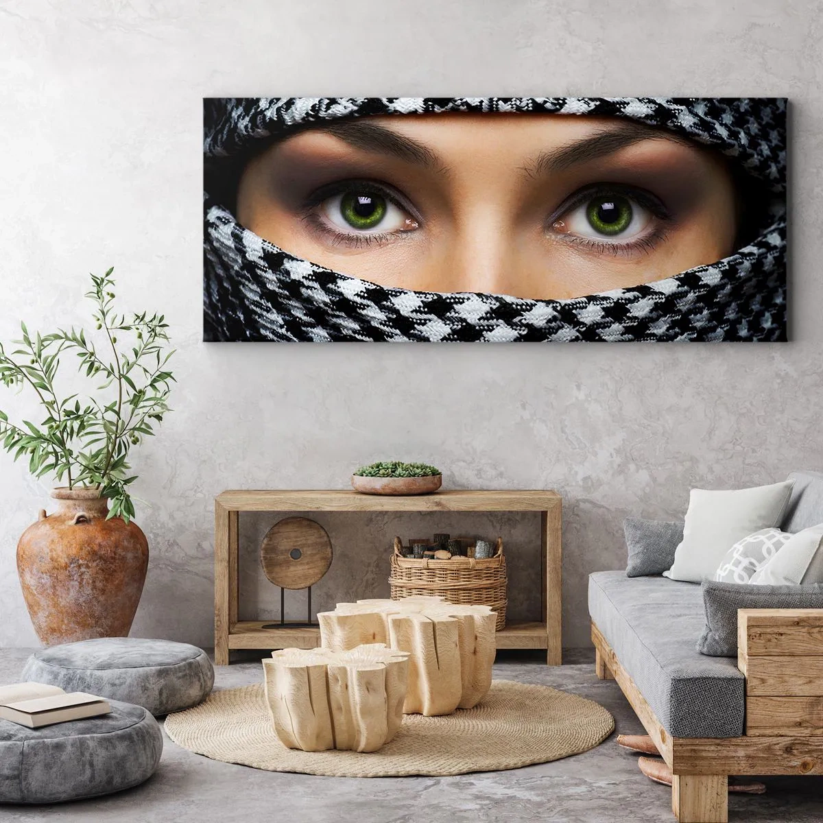 Tablou pe pânză - Un portret al unei frumuseți cu ochii verzi - 100x40 cm