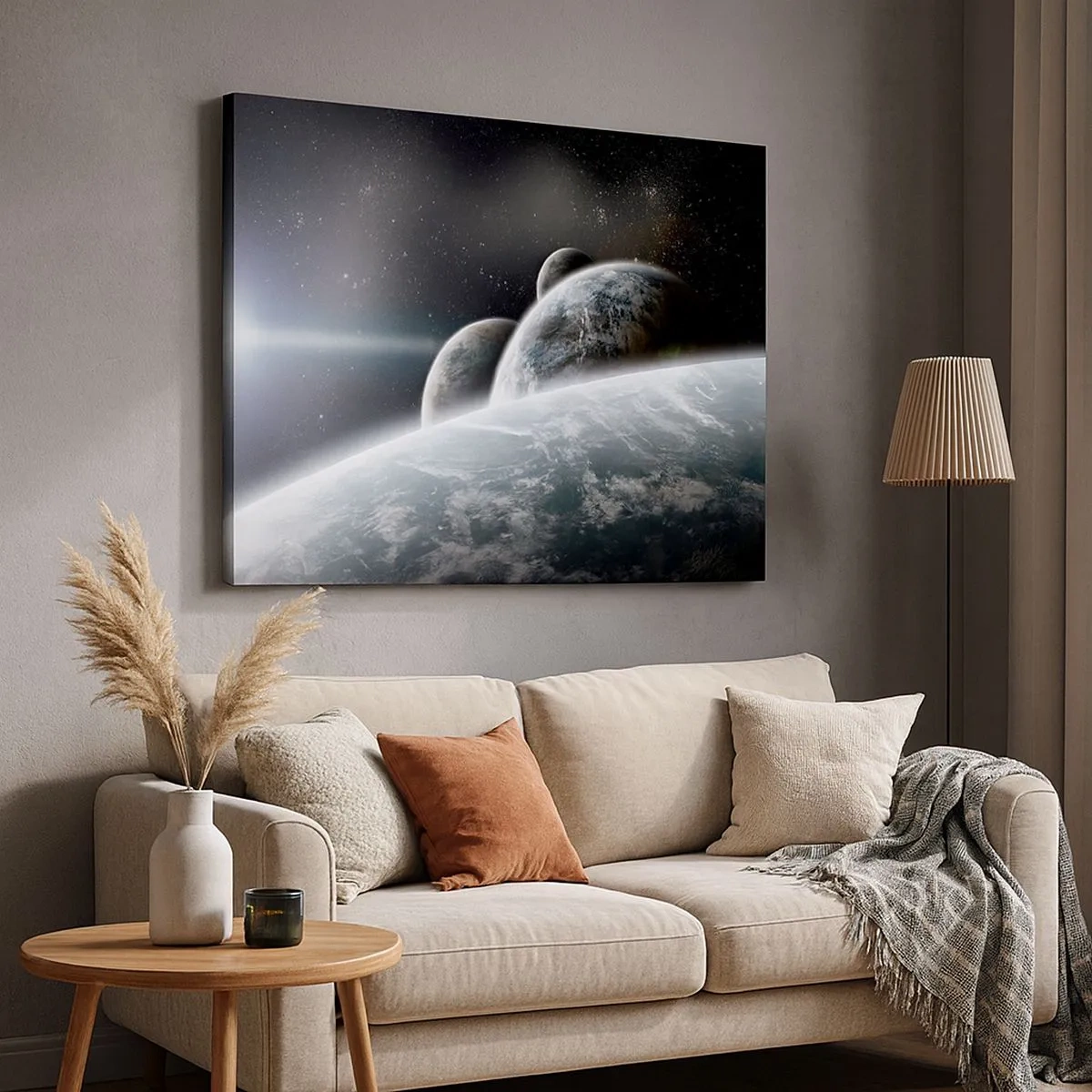 Tablou pe pânză Canvas - Planete în spațiu pe fundalul stelelor și galaxiilor - 70x50cm - Muzica cosmică a sferelor - Decorațiune modernă pentru perete pentru living și dormitor ARTTOR