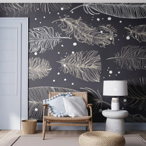 Tapet Standard Eco - Un model elegant de pene aurii pe un fundal întunecat - 100x70cm - Dantelă cu pene - Decorațiune modernă pentru perete pentru living și dormitor ARTTOR