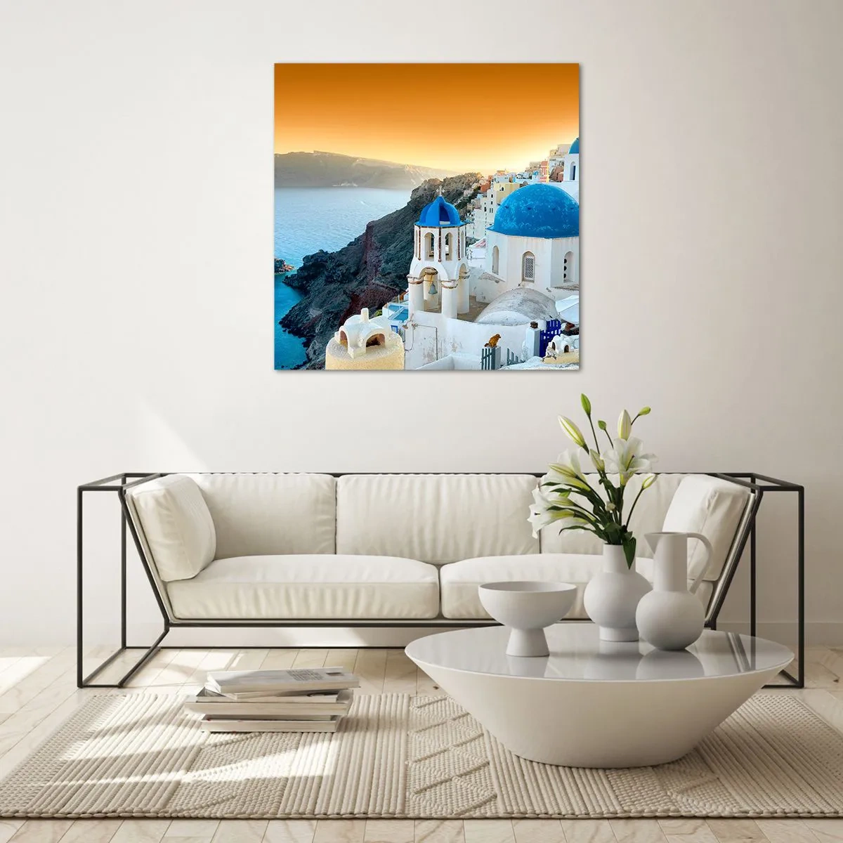 Tablou pe sticlă - Santorini - îmbrățișat de stânci - 70x70 cm