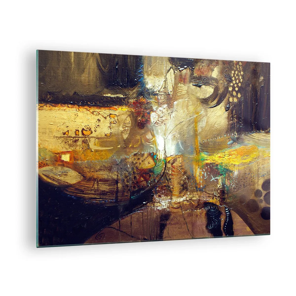 Tablou pe sticlă - Compoziție abstractă în nuanțe de auriu și maro - 70x50cm - Rece, călduț, fierbinte - Decorațiune modernă pentru perete pentru living și dormitor ARTTOR