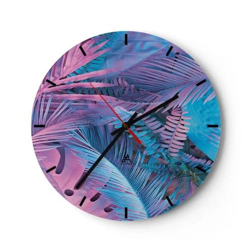 Ceas de perete - Ceas pe sticlă - compoziție abstractă din frunze de palmier în nuanțe de roz și albastru. - 30x30cm - Palmieri în alb și albastru - Decorațiune modernă pentru perete pentru living, bucătărie și dormitor ARTTOR