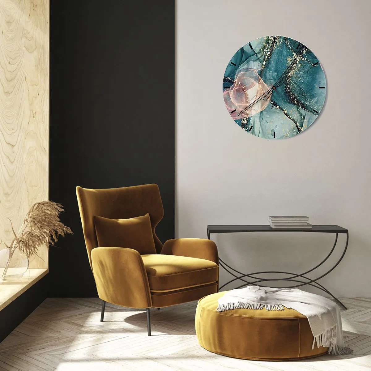 Ceas de perete - Ceas pe sticlă - Stropi artistice de culoare în nuanțe de turcoaz și roz cu accente aurii - 30x30cm - Mătase albastră, tul roz - Decorațiune modernă pentru perete pentru living, bucătărie și dormitor ARTTOR