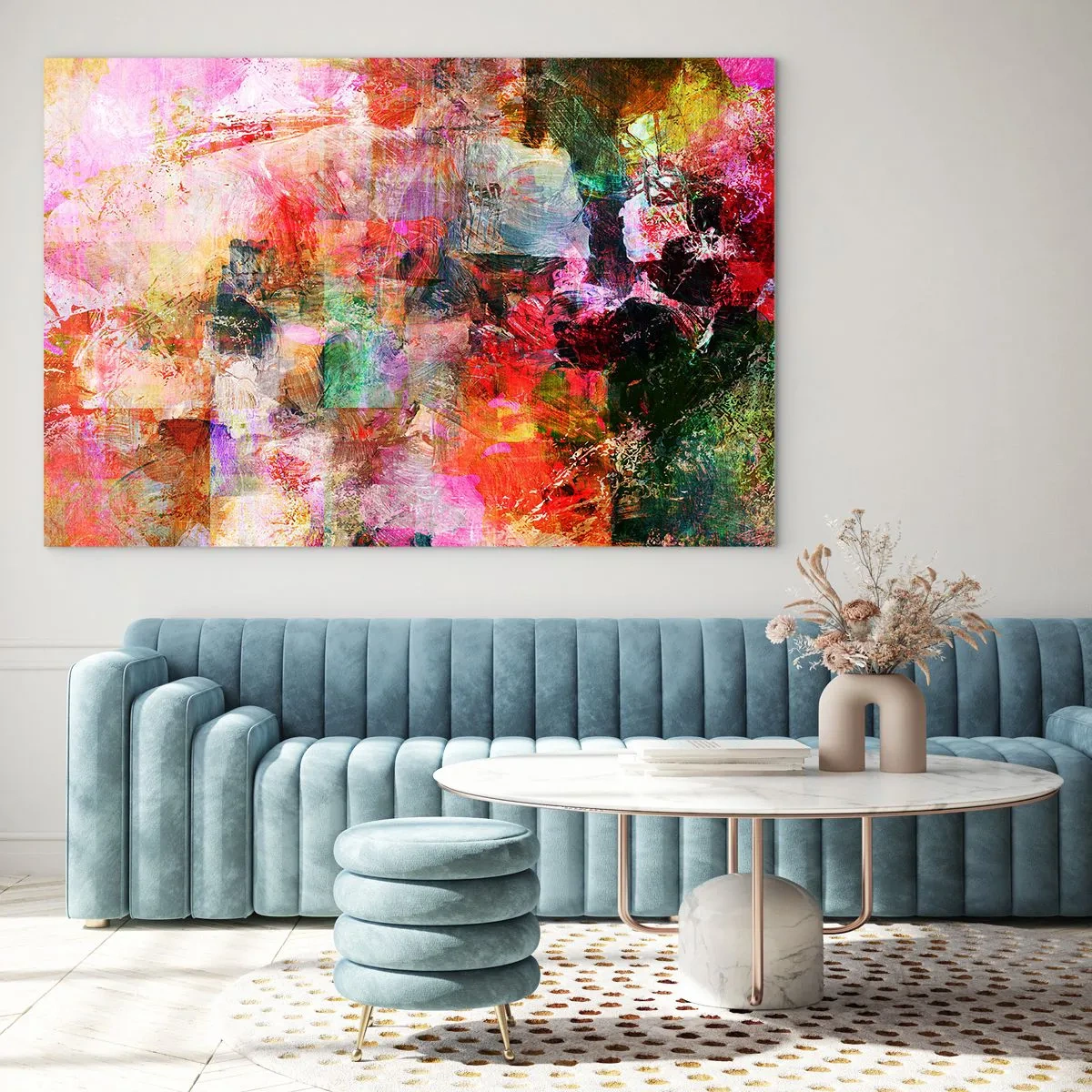 Tablou pe sticlă - Abstracție colorată cu culori intense - 70x50cm - O călătorie prin roz - Decorațiune modernă pentru perete pentru living și dormitor ARTTOR