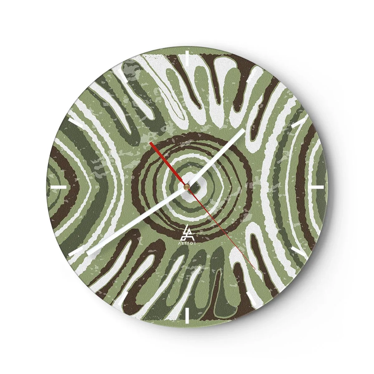 Ceas de perete - Ceas pe sticlă - Compoziție simetrică verde și maro cu modele concentrice - 30x30cm - Explozie de emoții - Decorațiune modernă pentru perete pentru living, bucătărie și dormitor ARTTOR