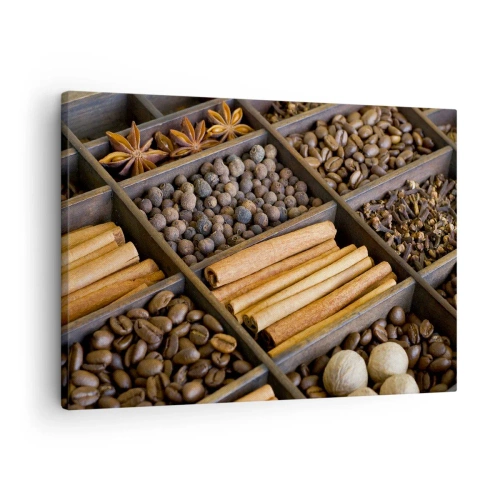 Tablou pe pânză Canvas - Condimente și cafea în compartimente din lemn - 70x50cm - Tezaur de arome - Decorațiune modernă pentru perete pentru living și dormitor ARTTOR