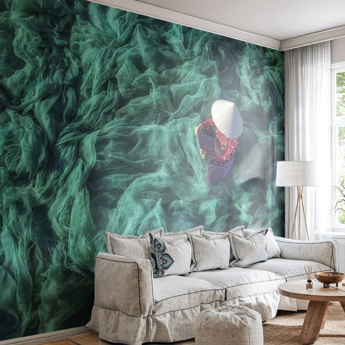 Tapet Premium Canvas - Într-o mare de rețea - Plasă de pescuit, Femeie, Vietnam - 300x210 cm